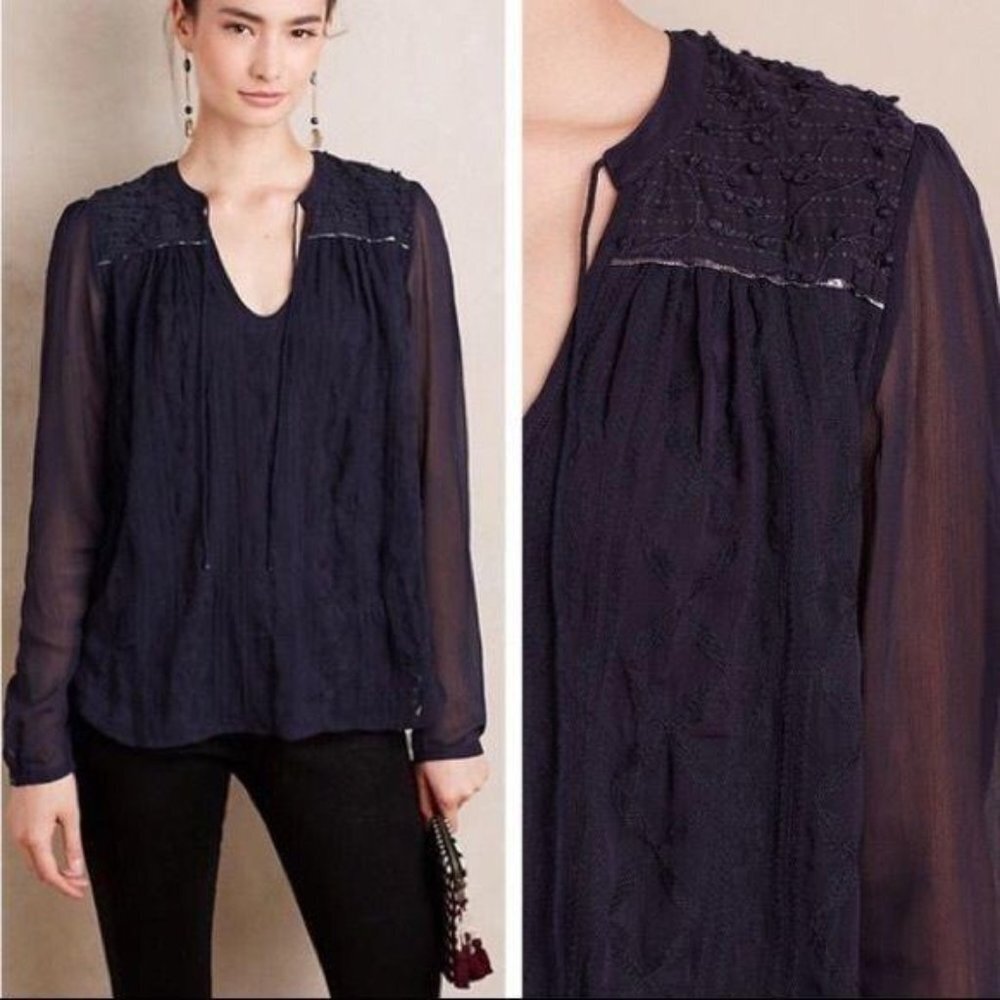 Anthropologie Tiny‎ Navy Blue Tie Neck Long Sleeve Embroidered Blouse Top Small